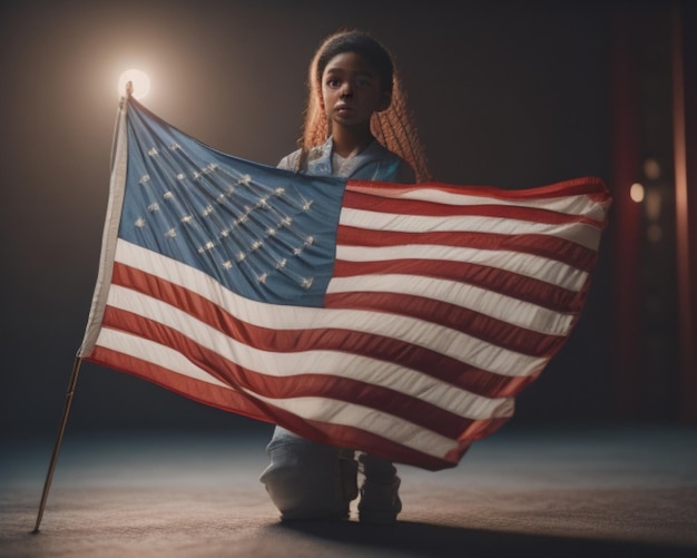 una ragazza con in mano una bandiera americana con su scritto usa.