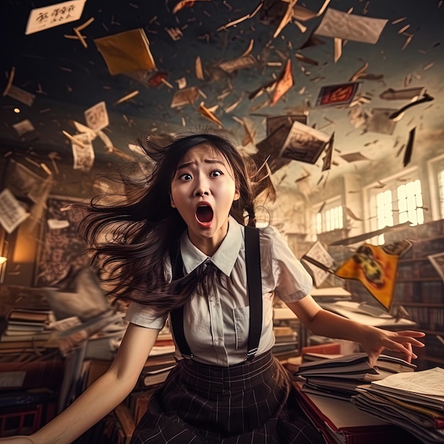 una ragazza con la bocca aperta è circondata da libri e la parola scuola sulla carta