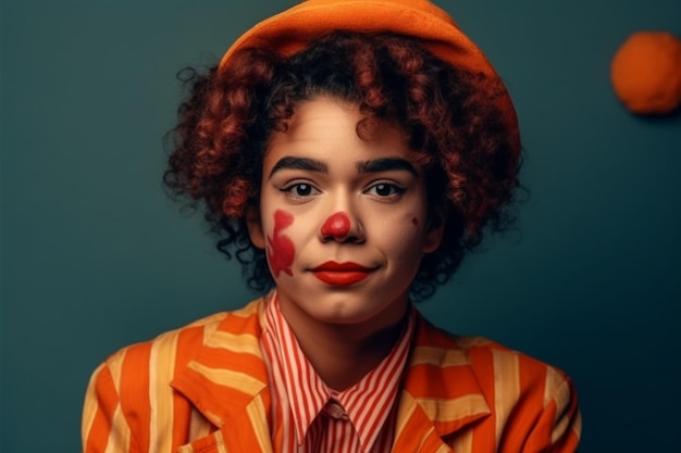 Una ragazza con la faccia da clown e un cappello a pois rossi