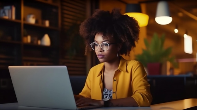Una ragazza con la pelle scura e i capelli ricci con gli occhiali sta lavorando a un progetto sul suo laptop generato dall'intelligenza artificiale