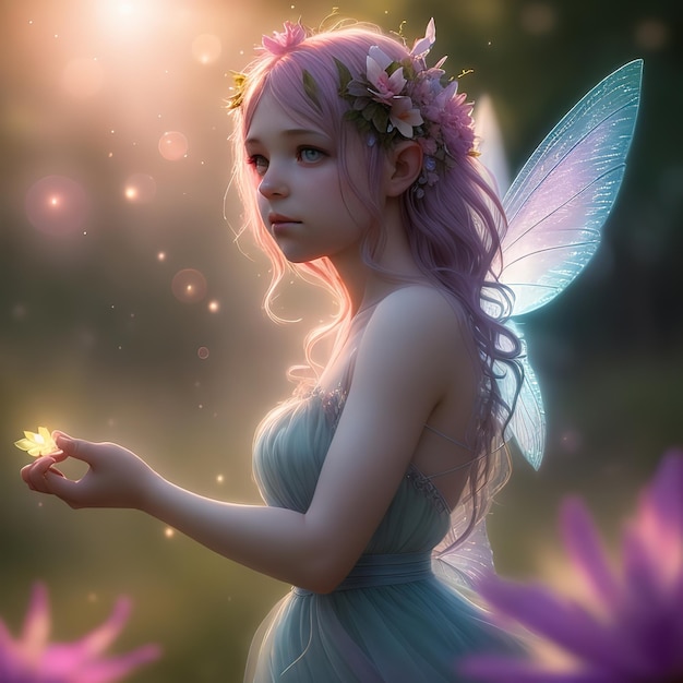 Una ragazza con le ali e le ali che tiene un fiore tra le mani.