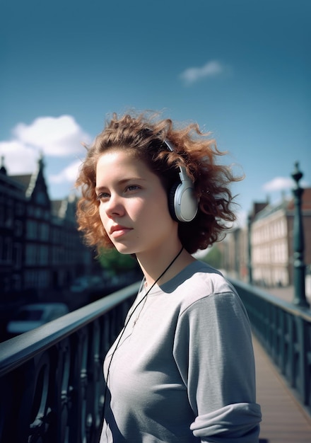 Una ragazza con le cuffie mentre cammina su un ponte ad amsterdam