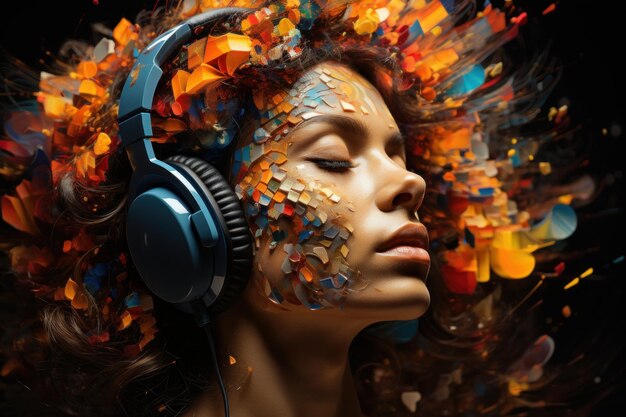 Una ragazza con le cuffie Mind Blowing Music Power e Mind Relaxation in stile pixelato