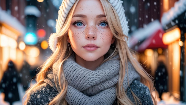 Una ragazza con le lentiggini e una sciarpa grigia si trova nella neve