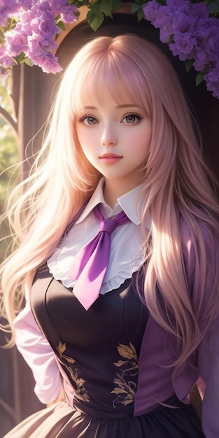 Una ragazza con lunghi capelli rosa e cravatta nera. IA generativa