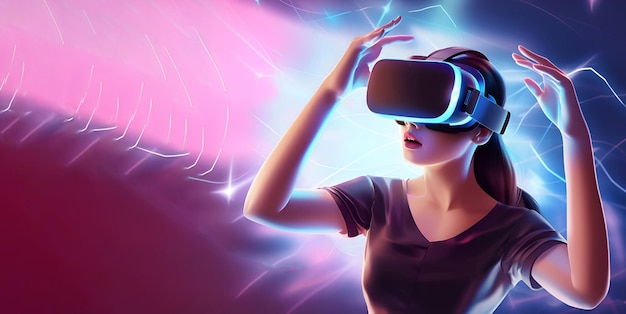 Una ragazza con occhiali per realtà virtuale su sfondo blu IA generativa 3