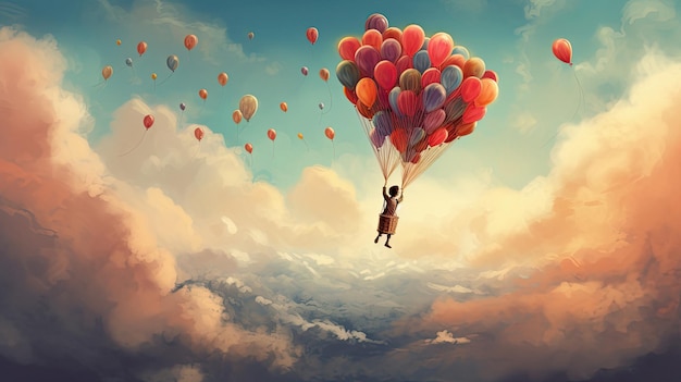 una ragazza con palloncini nel cielo con una ragazza che vola nel cielo.
