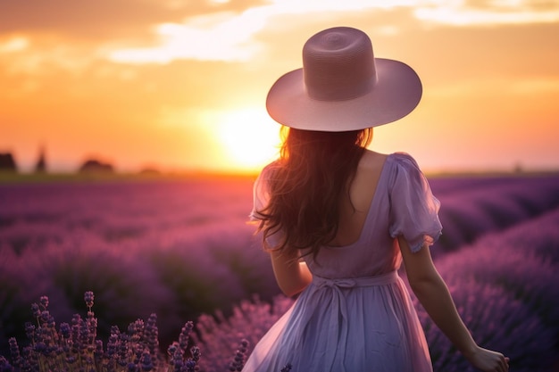 Una ragazza con un abito lungo in un grande campo di lavanda illuminato dal sole generato dall'IA