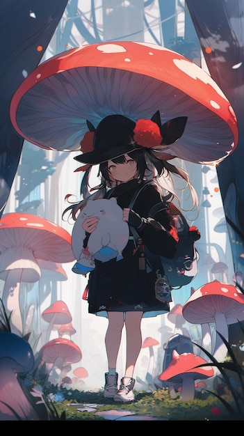 Una ragazza con un animale di peluche in una foresta con funghi sul fondo.