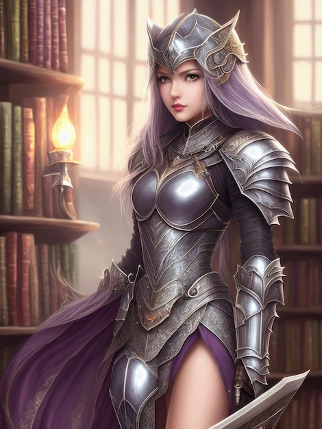 Una ragazza con un'armatura fantasy si trova di fronte a una libreria.