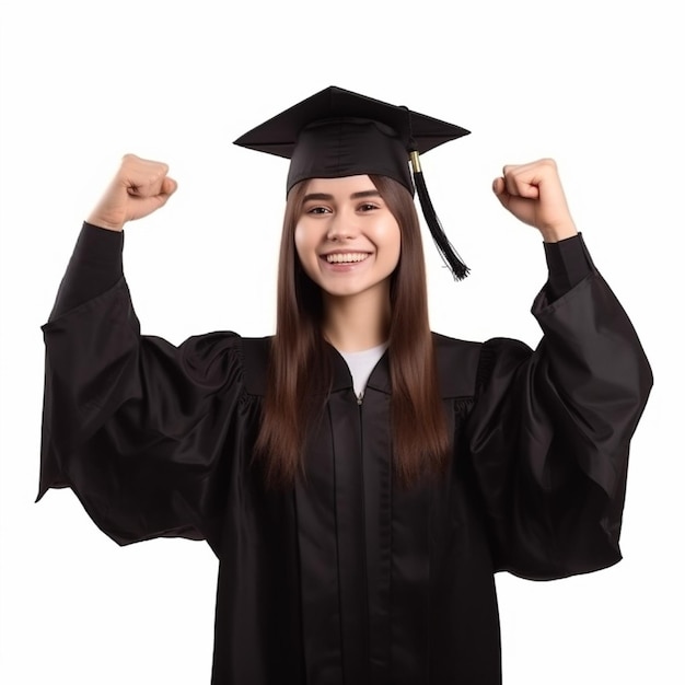 Una ragazza con un berretto da laurea e un abito con sopra la parola classe