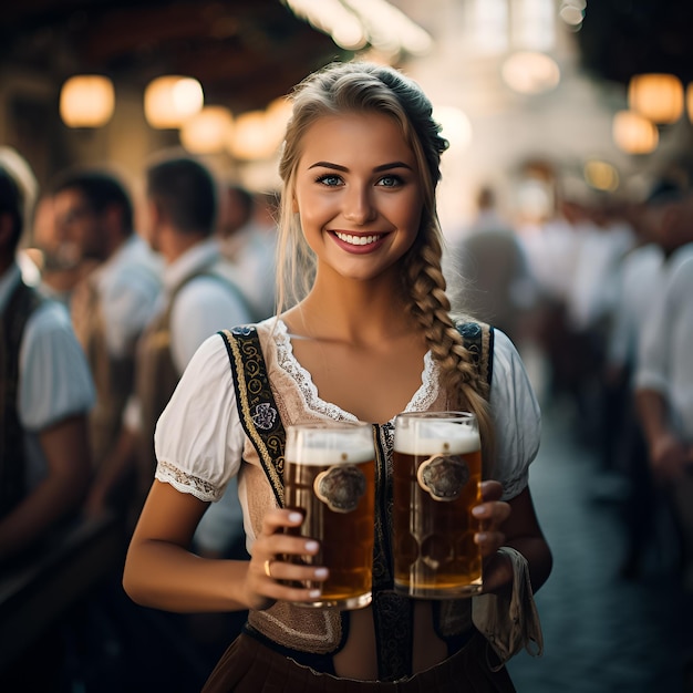 una ragazza con un boccale di birra davanti a lei