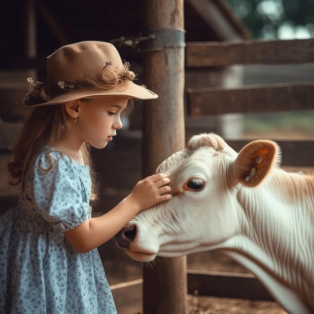Una ragazza con un cappello che accarezza una mucca