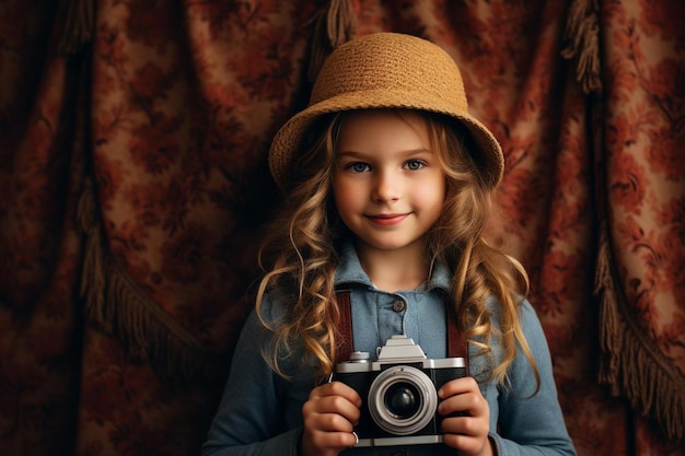 Una ragazza con un cappello che tiene una telecamera