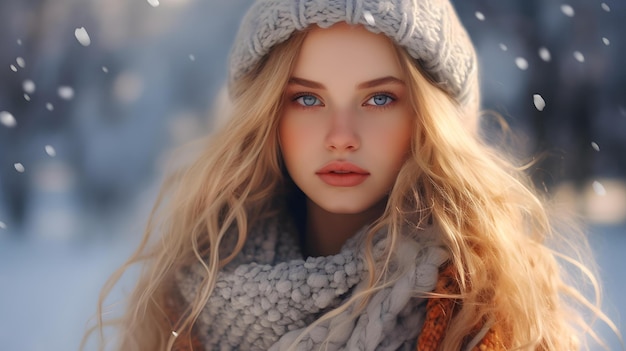 una ragazza con un cappello da inverno e una sciarpa sulla testa