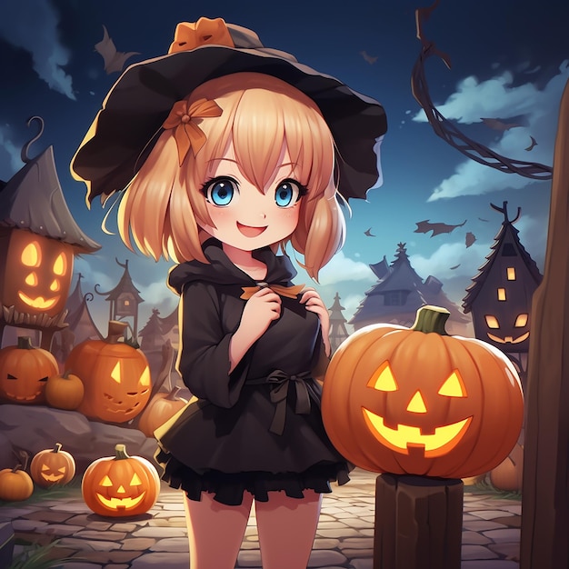 Una ragazza con un cappello di Halloween è in piedi davanti alle zucche