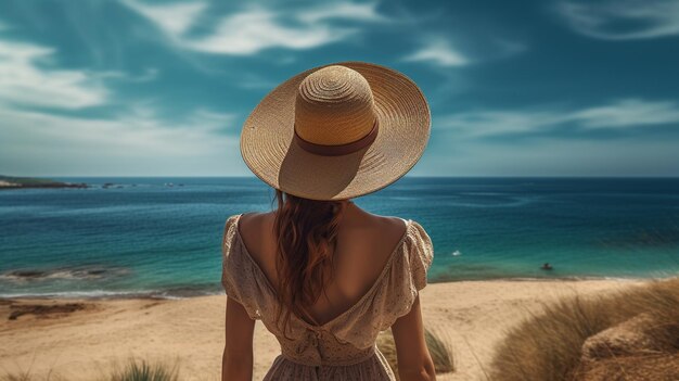 una ragazza con un cappello di paglia guarda l'oceano