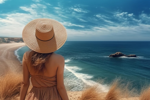 una ragazza con un cappello di paglia guarda l'oceano