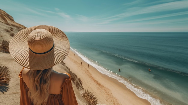 una ragazza con un cappello di paglia guarda l'oceano