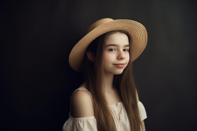 Una ragazza con un cappello di paglia si trova su uno sfondo nero.