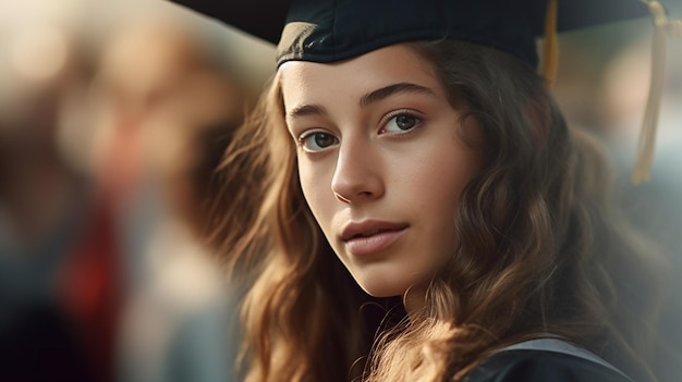 Una ragazza con un cappello e un abito da laurea guarda nella telecamera.