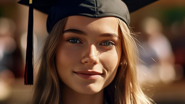 Una ragazza con un cappello e un abito da laurea si trova in un campo