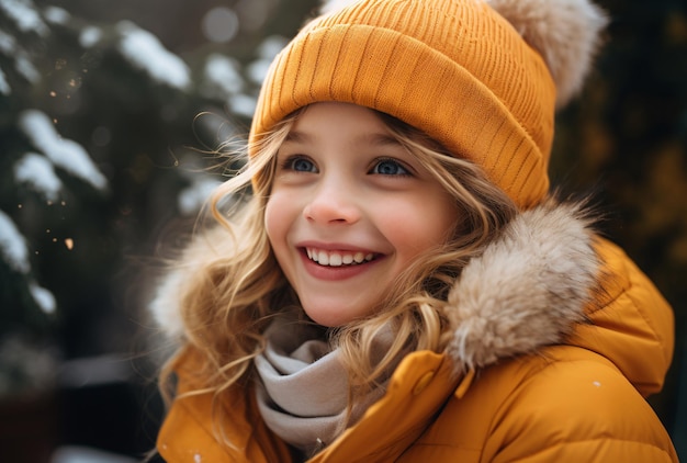 una ragazza con un cappello e una giacca gialli