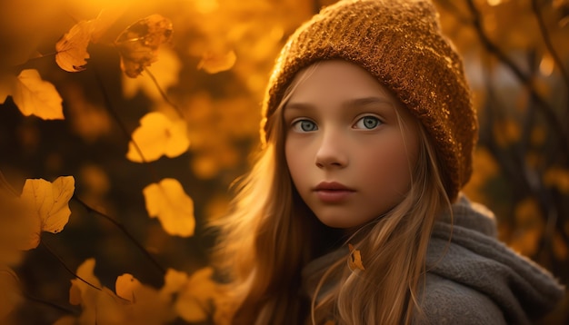 Una ragazza con un cappello giallo e un cappotto grigio si trova di fronte a un albero con foglie gialle.