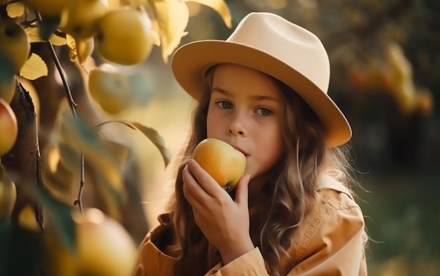 Una ragazza con un cappello mangia una mela in un frutteto.