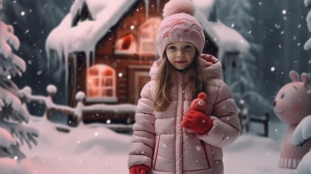 una ragazza con un cappello rosso accarezza un cavallo rosso in una ghirlanda di Natale sullo sfondo di un'intelligenza artificiale generativa