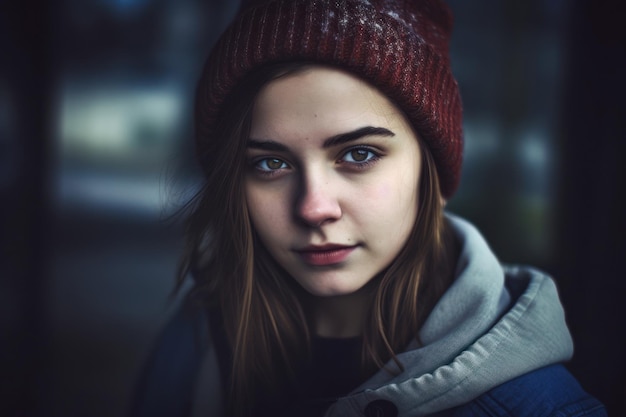 Una ragazza con un cappello rosso e una giacca blu