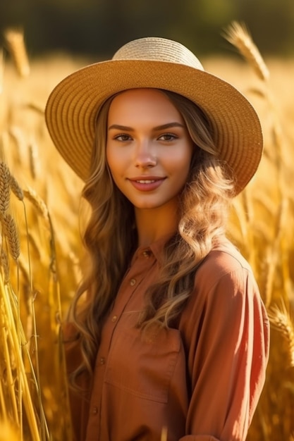 Una ragazza con un cappello si trova in un campo di grano.