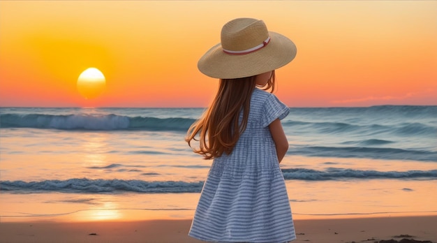 Una ragazza con un cappello si trova sullo sfondo di una spiaggia che guarda il tramonto IA generativa