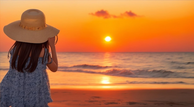 Una ragazza con un cappello sullo sfondo di una spiaggia che guarda il tramonto di Generative AI