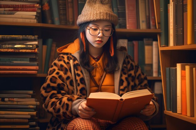 Una ragazza con un cappotto di leopardo legge un libro in una biblioteca