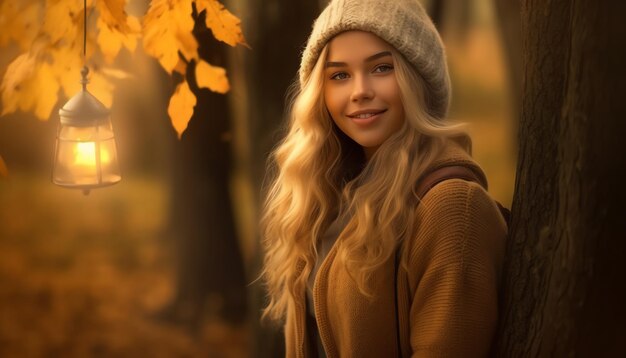 Una ragazza con un cappotto marrone è in piedi nella foresta autunnale