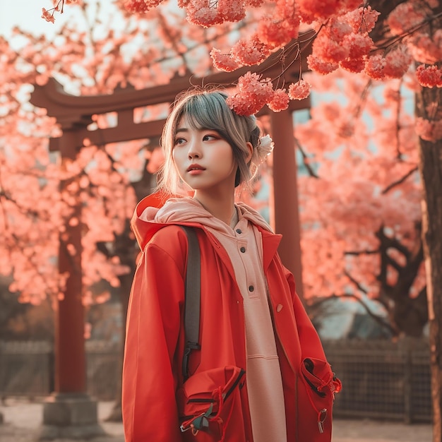 Una ragazza con un cappotto rosso si trova sotto un albero di fiori di ciliegio.