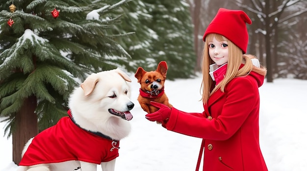 Una ragazza con un cappotto rosso tiene un cane e un simbolo dell'anno