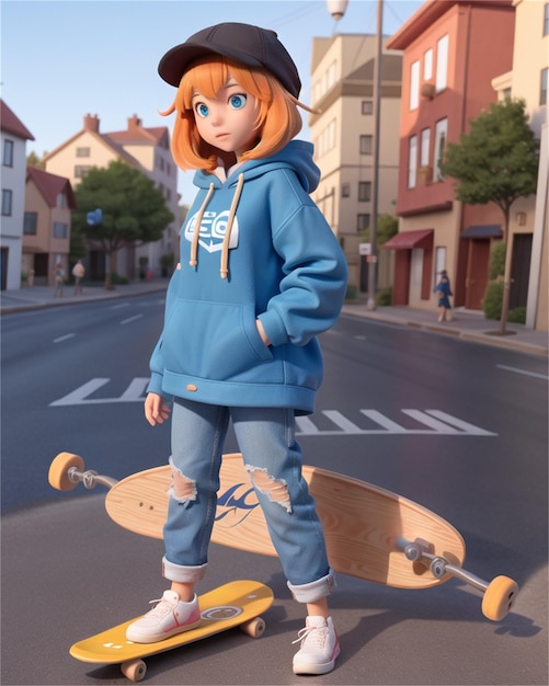 una ragazza con un cappuccio blu in piedi su uno skateboard