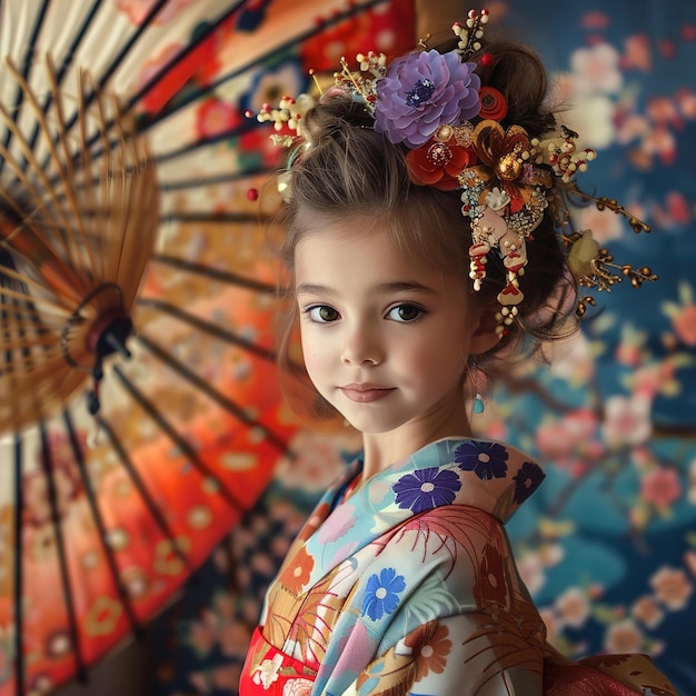 una ragazza con un fiore nei capelli sta posando di fronte a un dipinto colorato