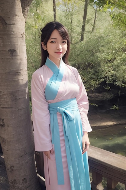 Una ragazza con un kimono blu si trova di fronte a un fiume e sorride.