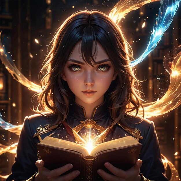 Una ragazza con un libro con un potere magico esce da dietro