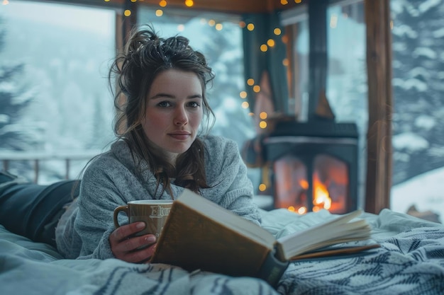 Una ragazza con un maglione caldo legge un libro mentre giace a letto in un giorno d'inverno