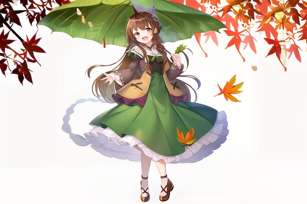 Una ragazza con un ombrello e delle foglie in testa