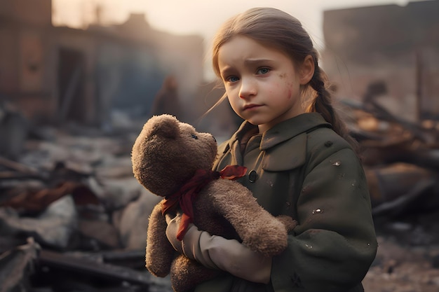 Una ragazza con un orsacchiotto giocattolo per bambini si trova nel mezzo di una casa danneggiata dalla guerra IA generativa