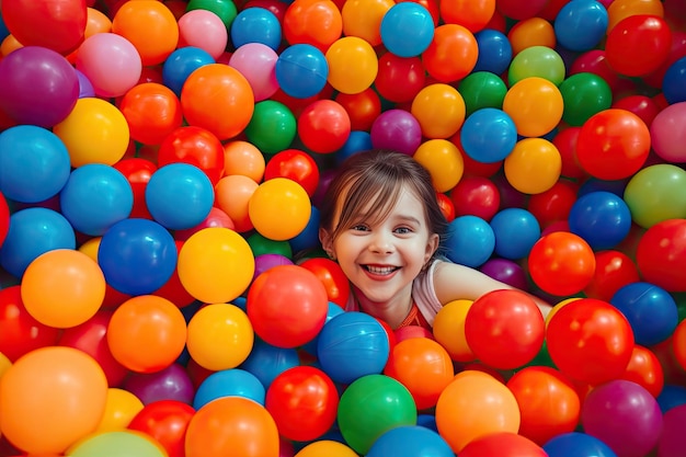 una ragazza con un parco giochi di palline di plastica colorate