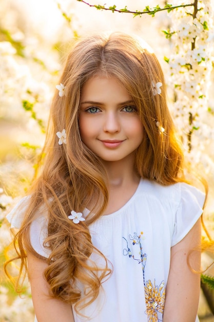 Una ragazza con un vestito bianco con dei fiori sopra