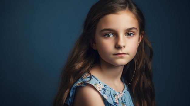 Una ragazza con un vestito blu e gli occhi azzurri guarda la telecamera.