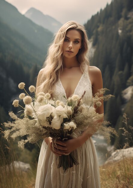 una ragazza con un vestito da sposa bianco tiene nelle mani un bouquet di fiori da sposa