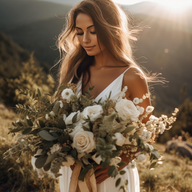 una ragazza con un vestito da sposa bianco tiene nelle mani un bouquet di fiori da sposa